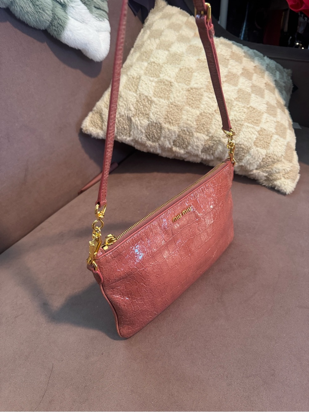 Miu Miu Glossy Croc-Embossed Crocodile Shoulder Bag in Rose